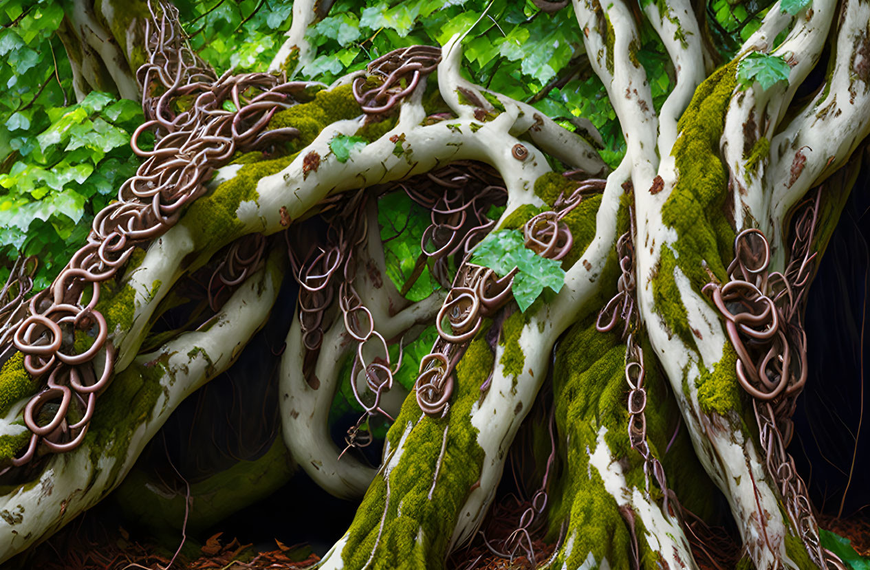 White tree with rusted chains in lush green foliage