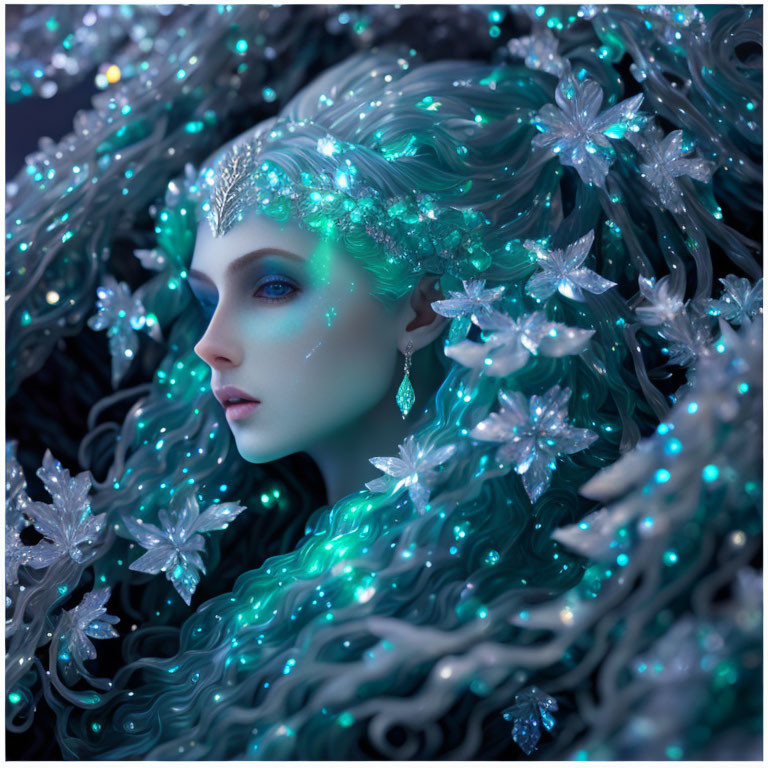 Mystical woman with luminescent blue skin and glowing hair adorned with flowers.