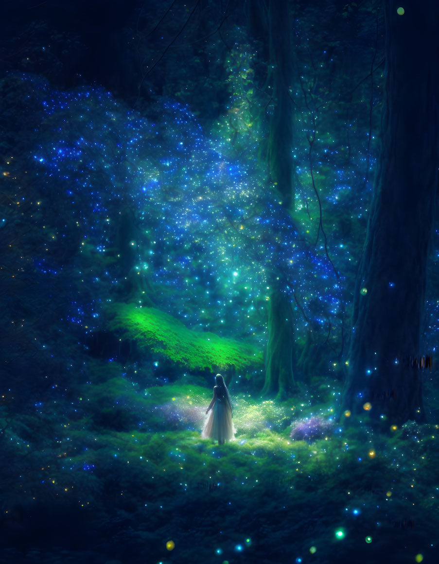 Mystical forest scene with cloaked figure amidst glowing lights