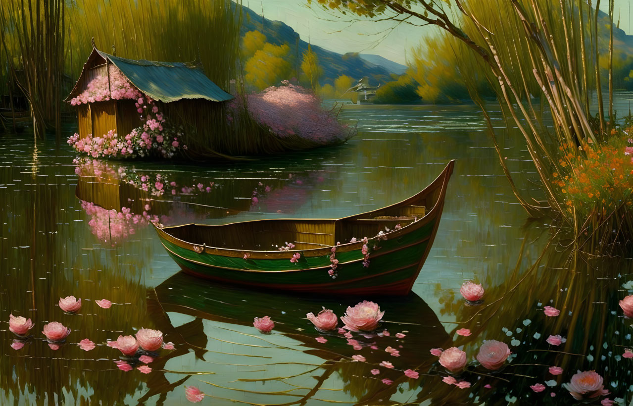 Tranquil landscape with wooden boat on calm water and blooming flowers