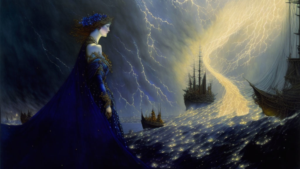 Majestic woman in blue gown overlooks stormy sea with sailing ships