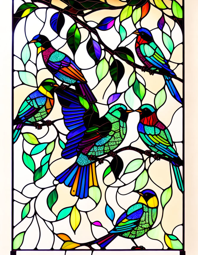 Vibrant birds in colorful stained glass window with green leaves and light.