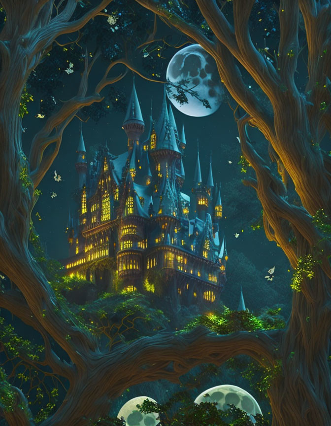 Enchanting castle nestled among towering trees at night