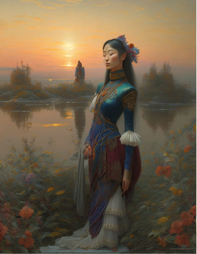 Ethereal woman in traditional attire by tranquil lake at sunset