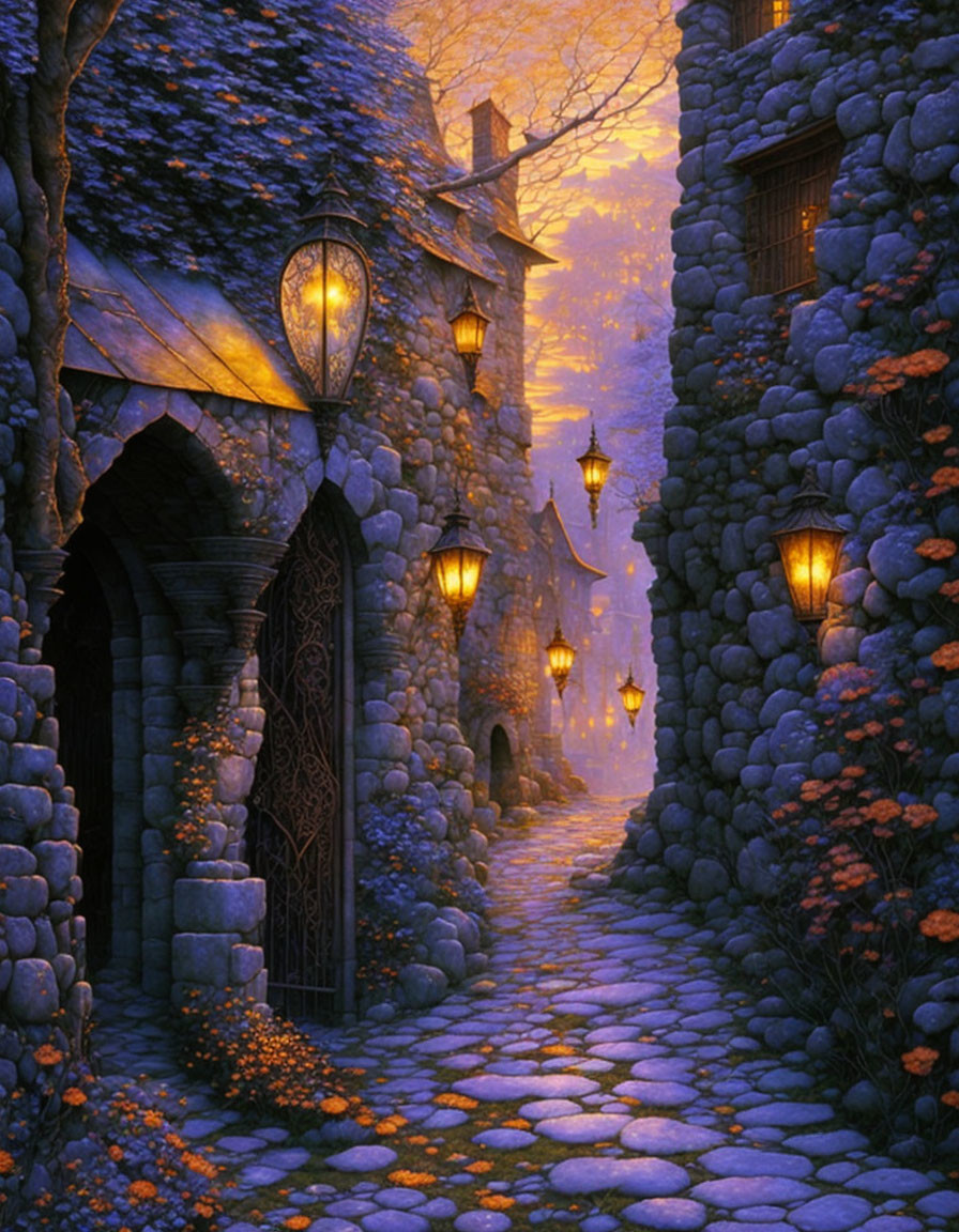 Historic cobblestone alley with stone buildings and lantern light at twilight