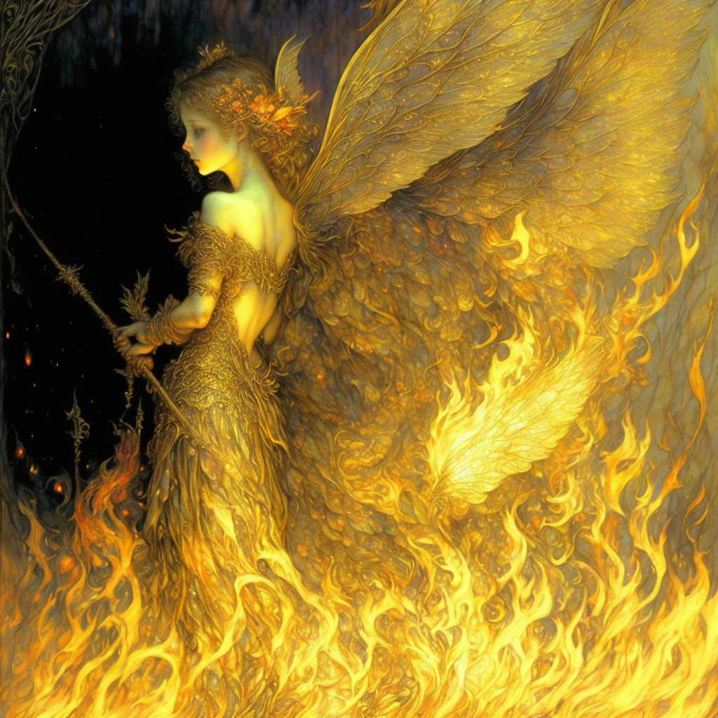 Fiery phoenix-like mythical creature illustration on dark background