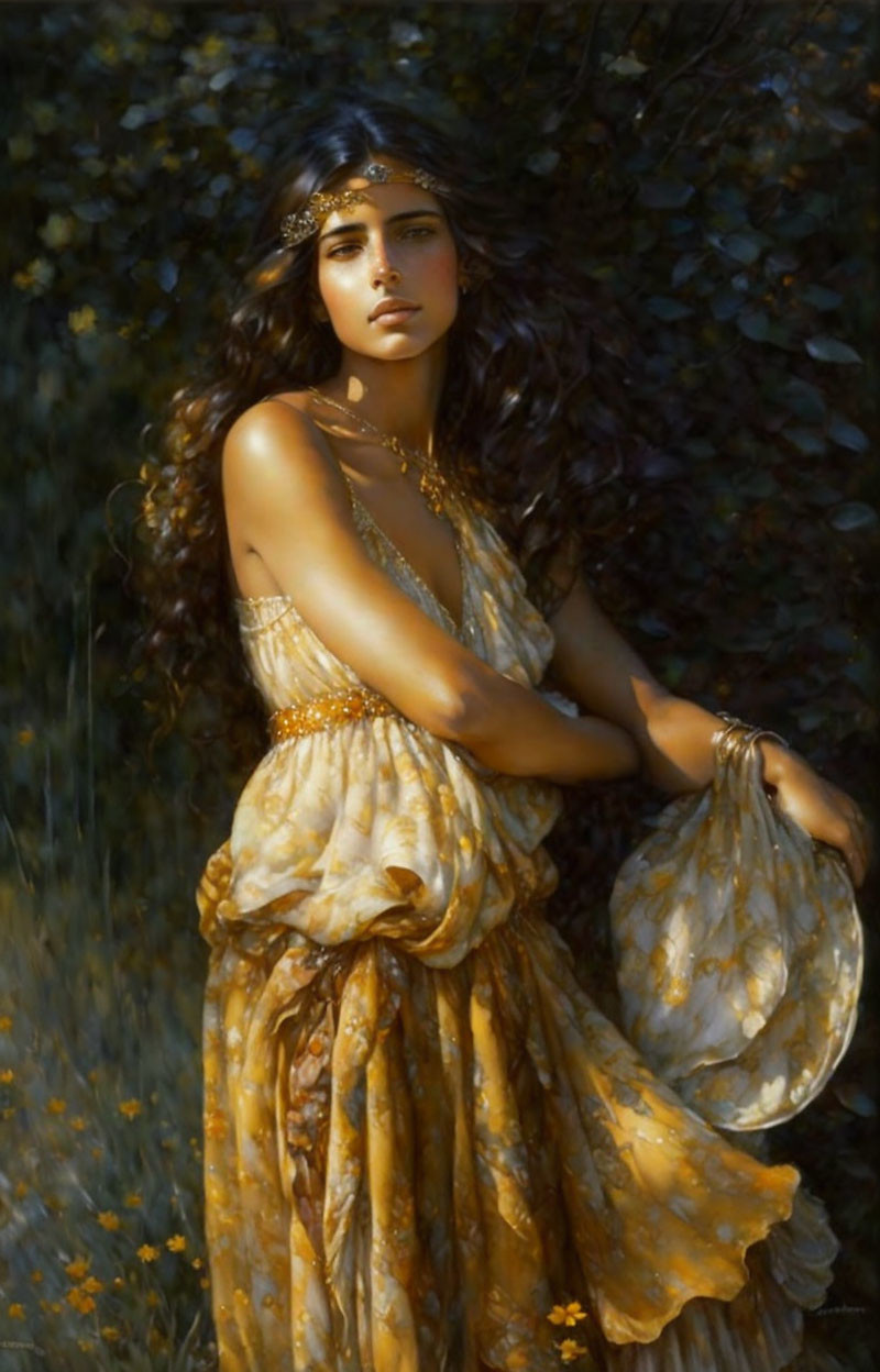 Woman in golden dress and headpiece among trees with sunlight filtering through.