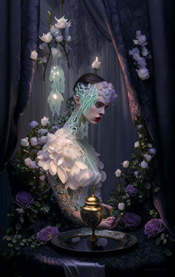 Elegant woman in fantasy scene with white dress and headdress