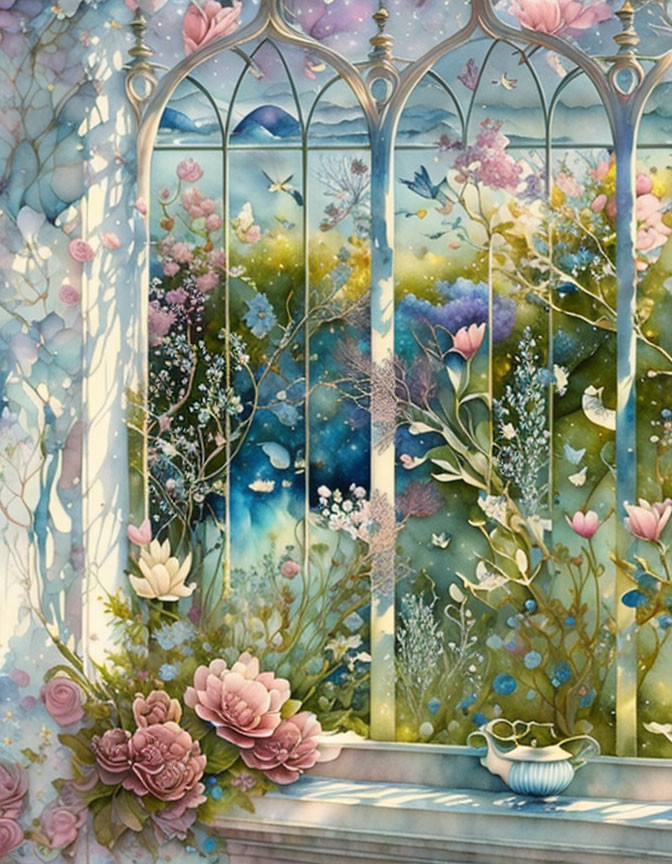 Ornate window overlooking vibrant garden with teapot