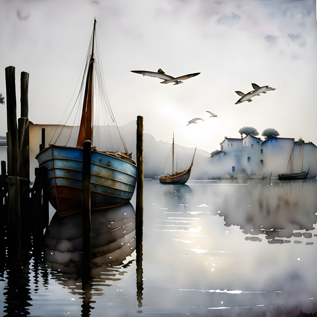 Misty lake with wooden boat, birds, and distant houses reflected.