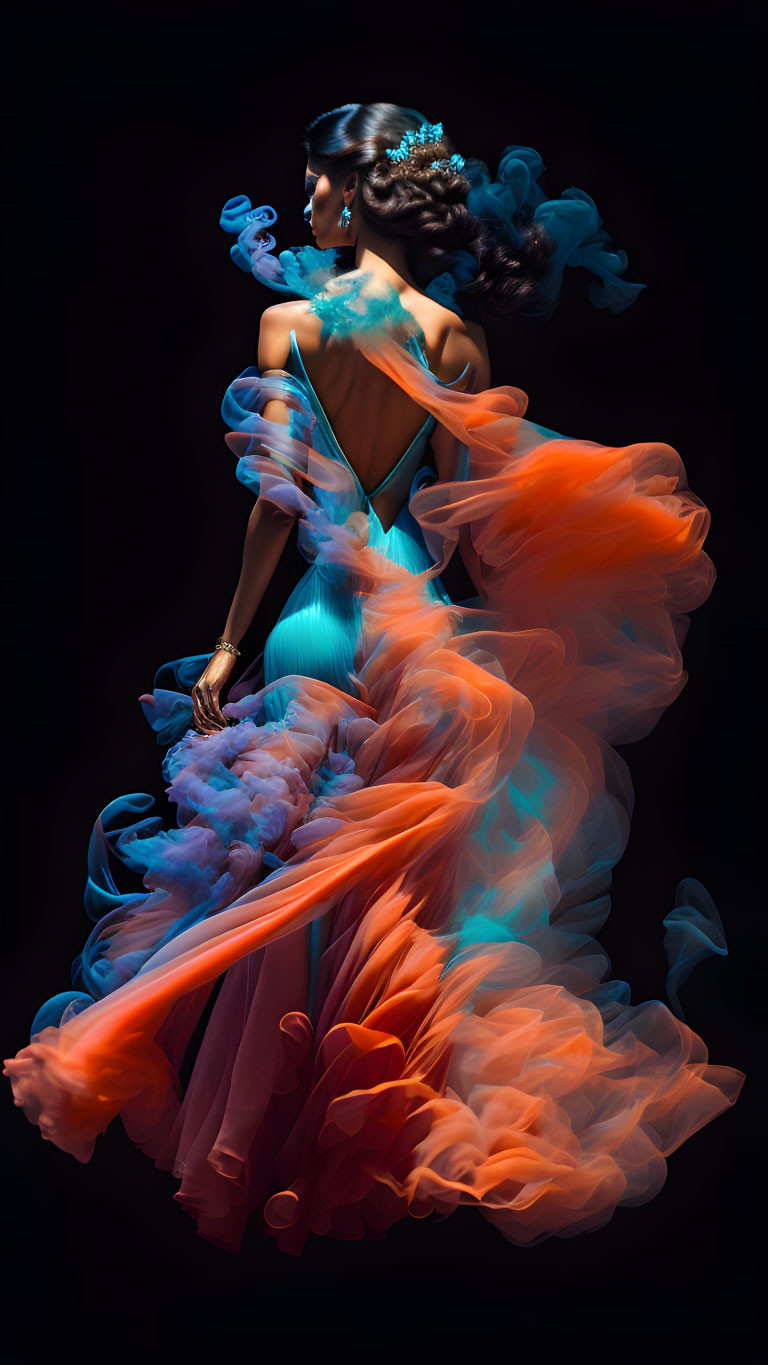 Woman in Vibrant Orange & Teal Flowing Dress on Dark Background