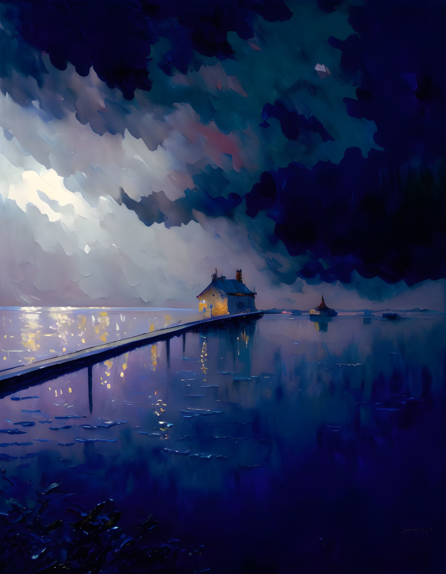 Twilight painting of house on stilts, pier, boat in blue and purple hues