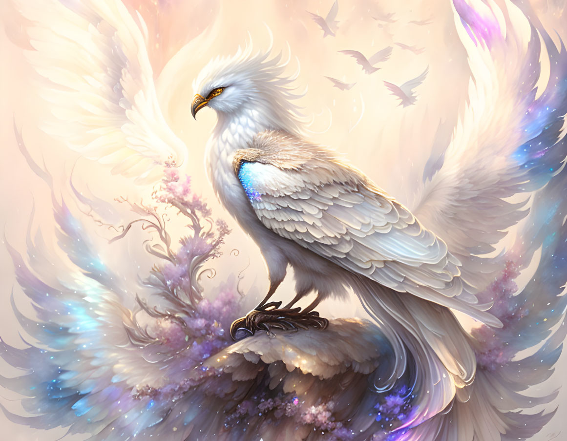 Mythical white-feathered eagle with luminous wings on cloud-like formation