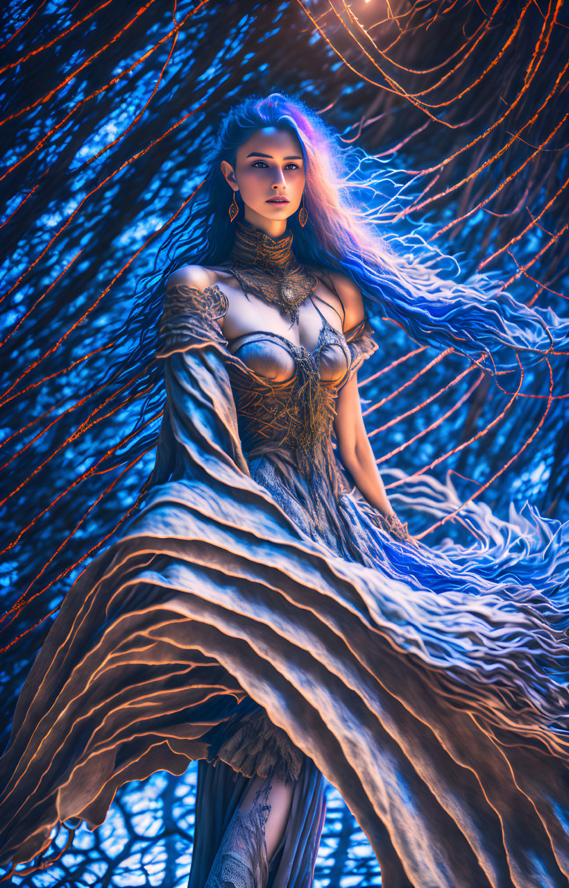 Fantasy-themed woman in flowing dress among twisted branches in mystical blue and purple light