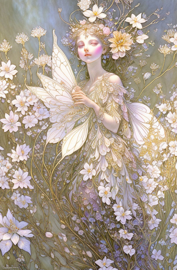 Ethereal fairy surrounded by delicate flowers and intricate wings