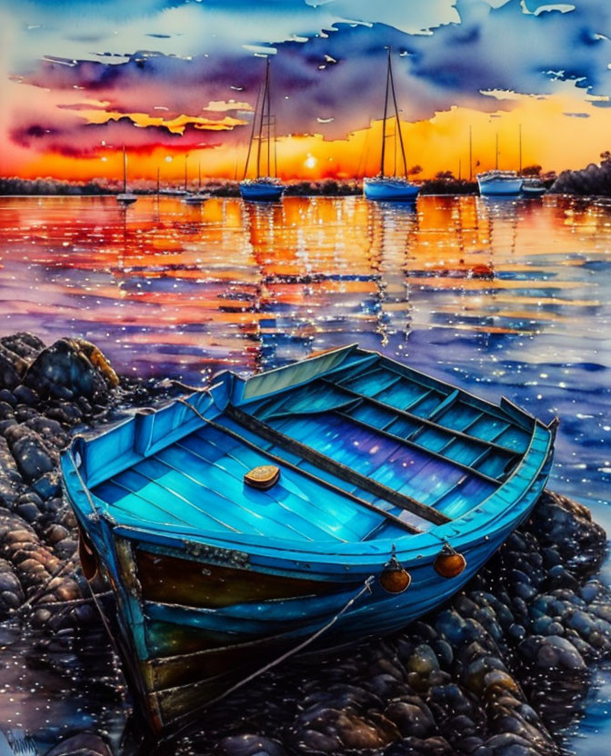 Turquoise boat painting on pebbled shore with sailboats under fiery sunset.