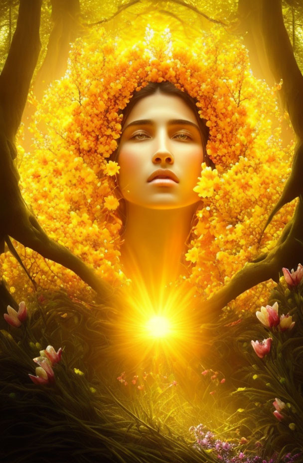 Surreal portrait: Woman with glowing aura, vibrant yellow flowers, and trees