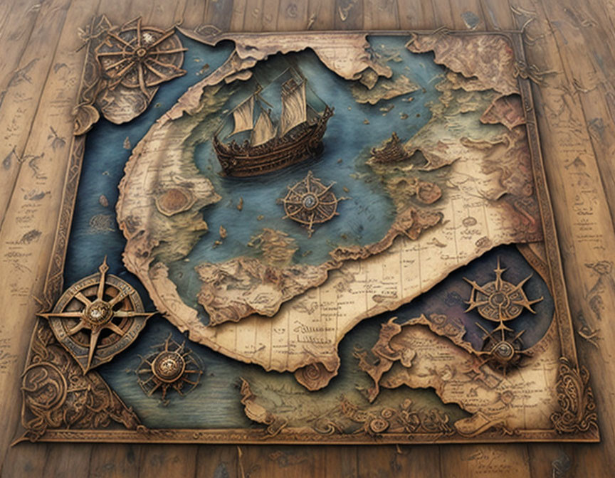 Vintage-style 3D wooden wall art of ancient nautical map with ships and compasses