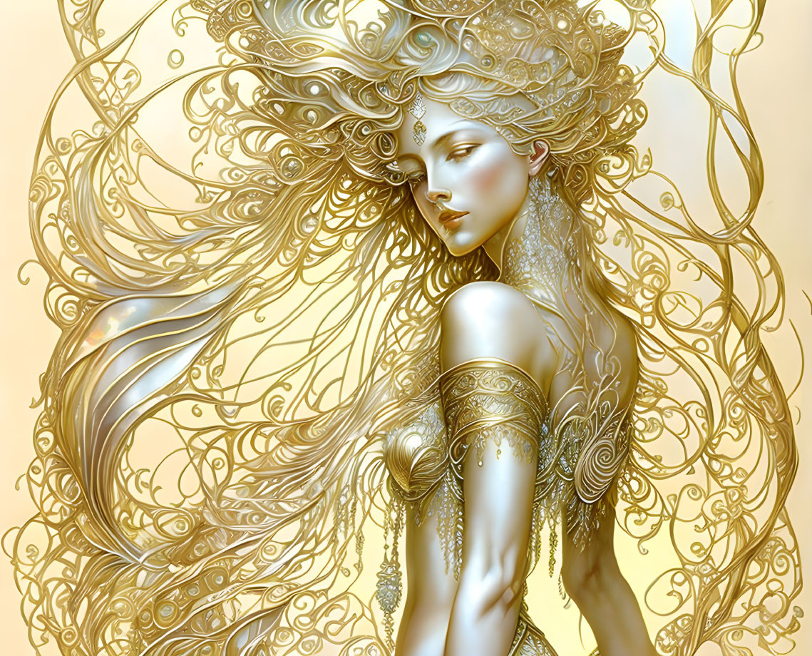 Golden fantasy female figure with flowing hair and ornate jewelry on soft yellow backdrop