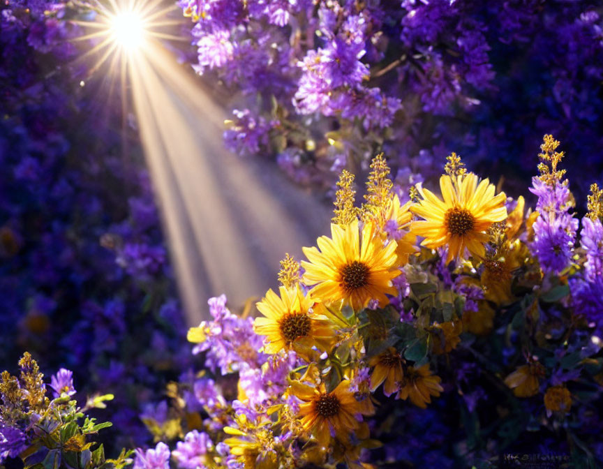 Sunlit purple and yellow flowers among foliage in soft glow