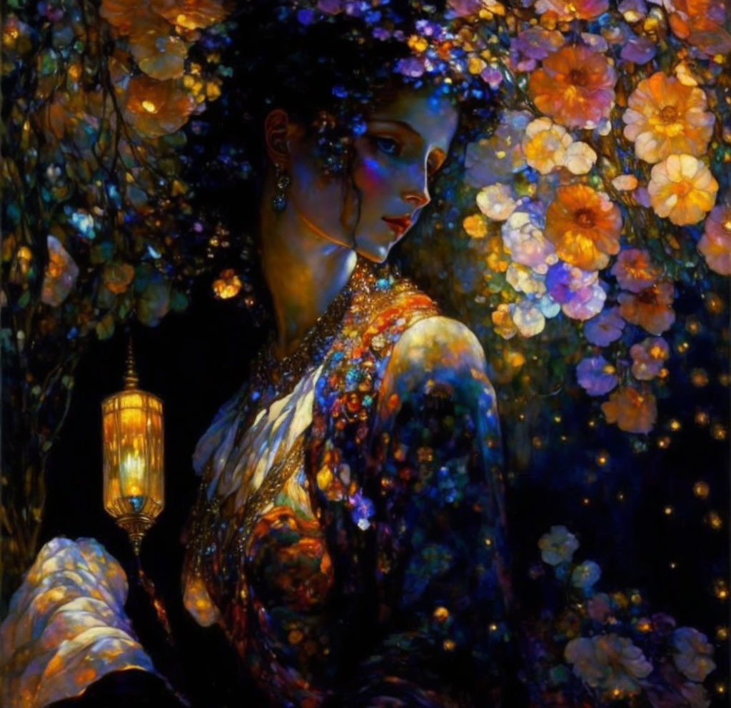 Woman in Sparkling Dress Holding Lantern Among Multicolored Flowers