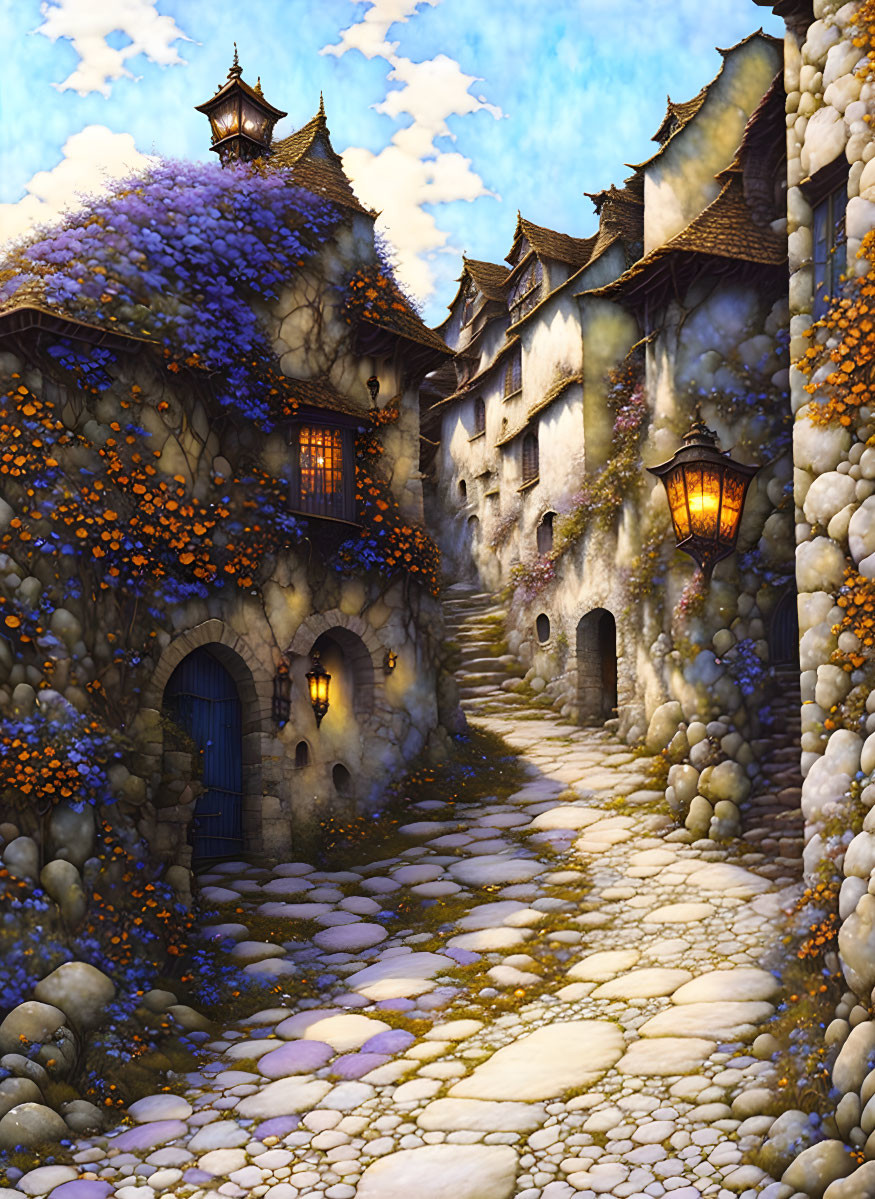 Quaint village with cobblestone street and colorful flowers