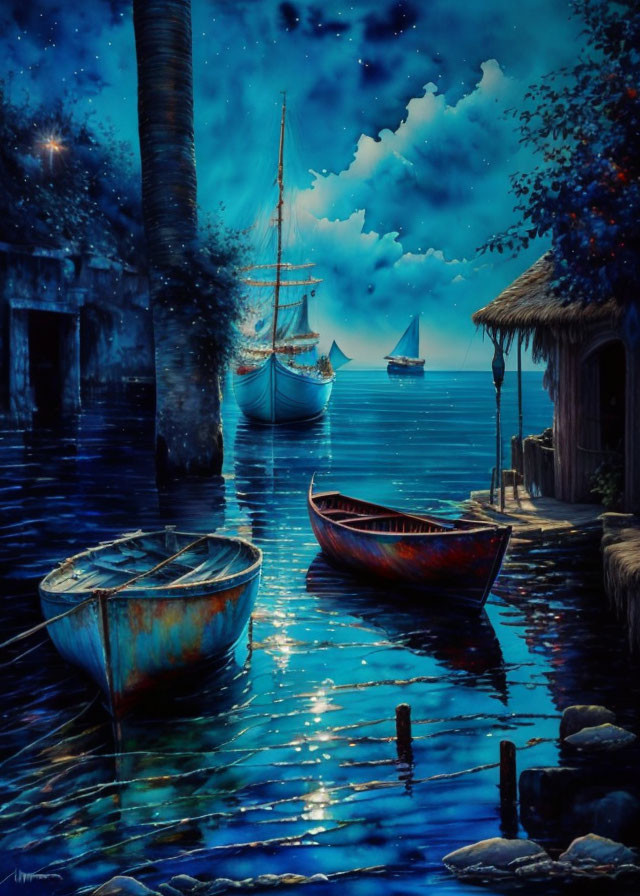 Tranquil Night Dock with Boats and Moonlit Water