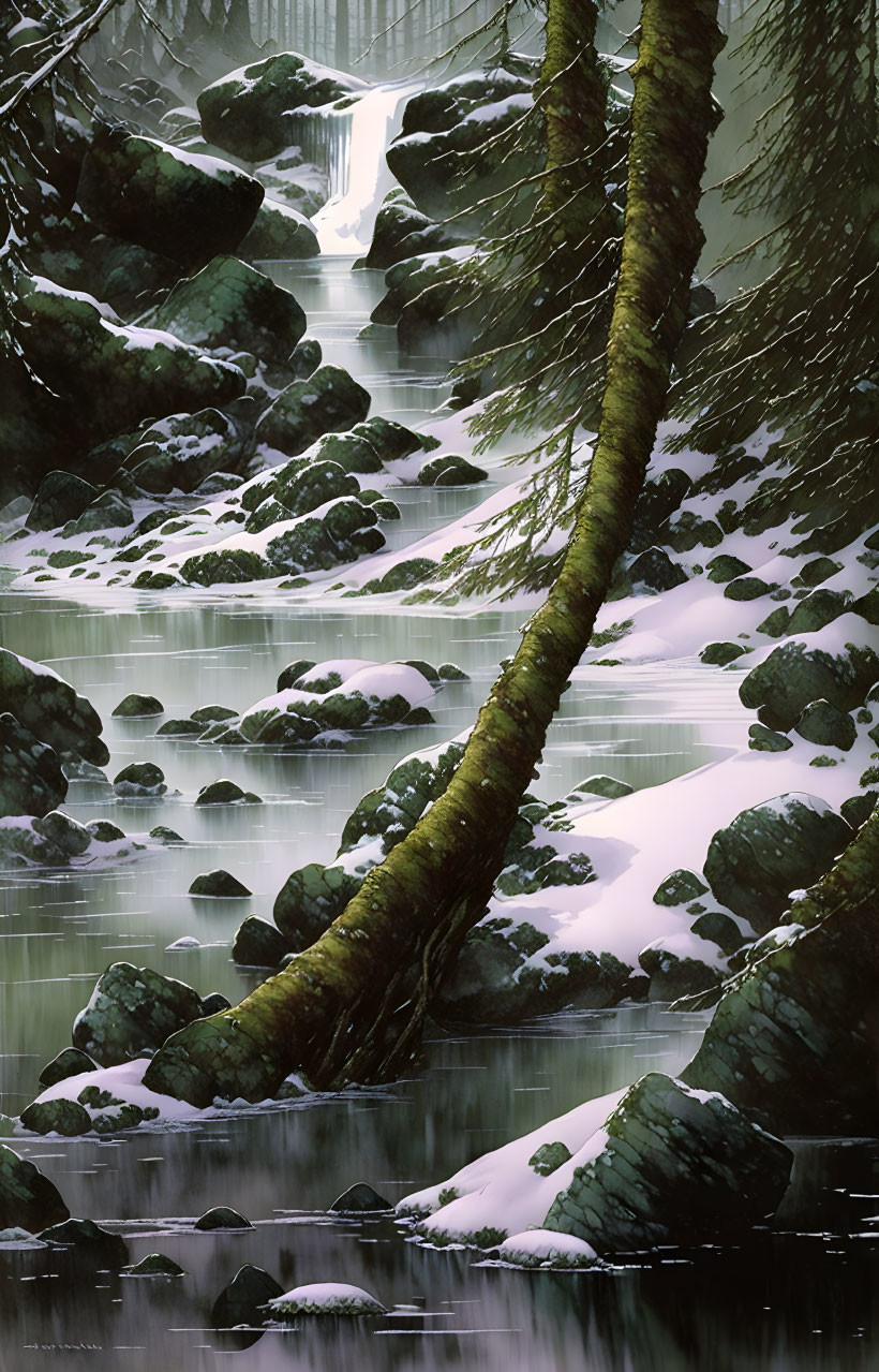 Snow-covered rocks, evergreen trees, and a distant waterfall in a serene winter forest scene