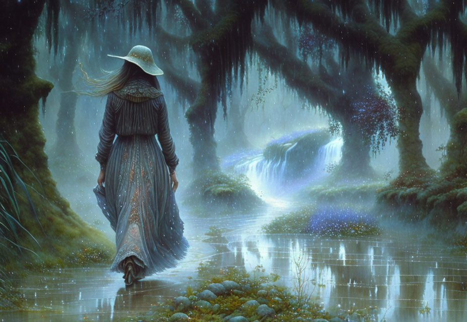 Person in Wide-Brimmed Hat by Tranquil Forest Pond