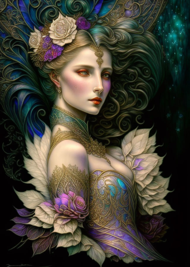 Fantasy illustration of woman with tattoos, feathers, flowers, and jewelry on starry backdrop