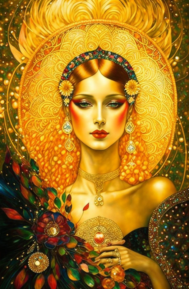 Illustrated woman with golden headwear and red makeup holding a vibrant bouquet