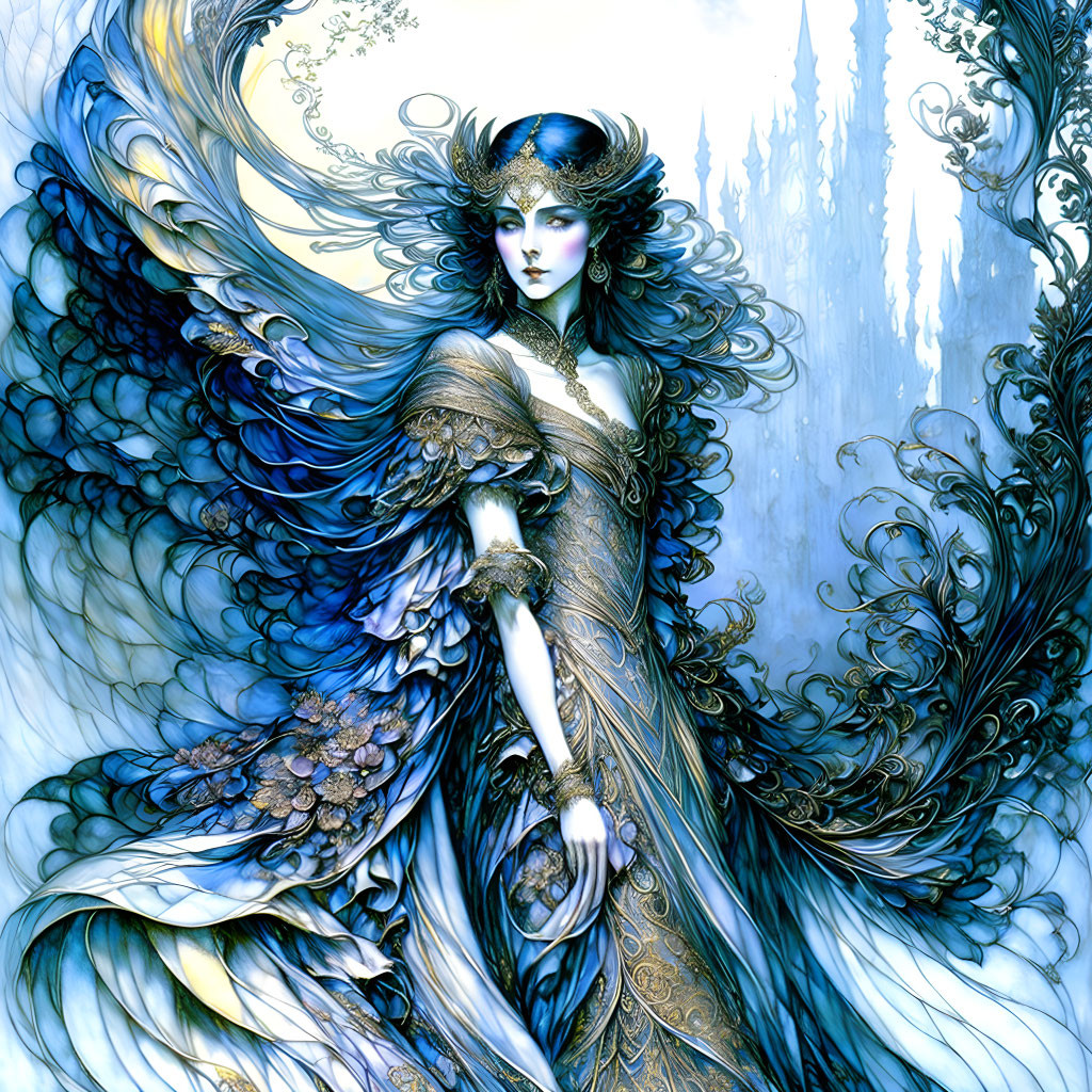 Ethereal woman in blue and gold gown against icy backdrop