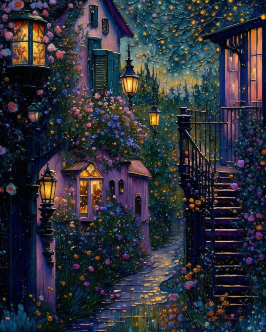 Colorful painting of a flower-lined alley at night with glowing street lamps