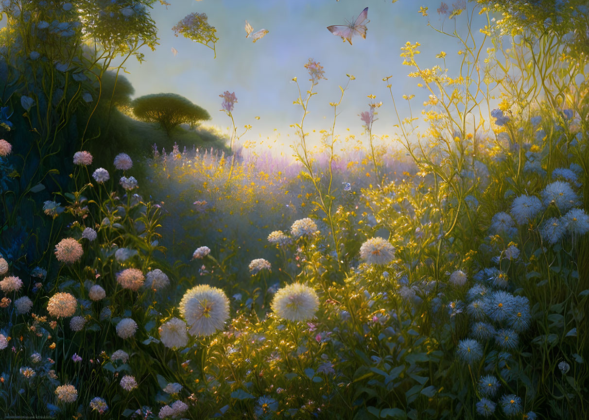 Tranquil Meadow with Blooming Flowers and Butterflies