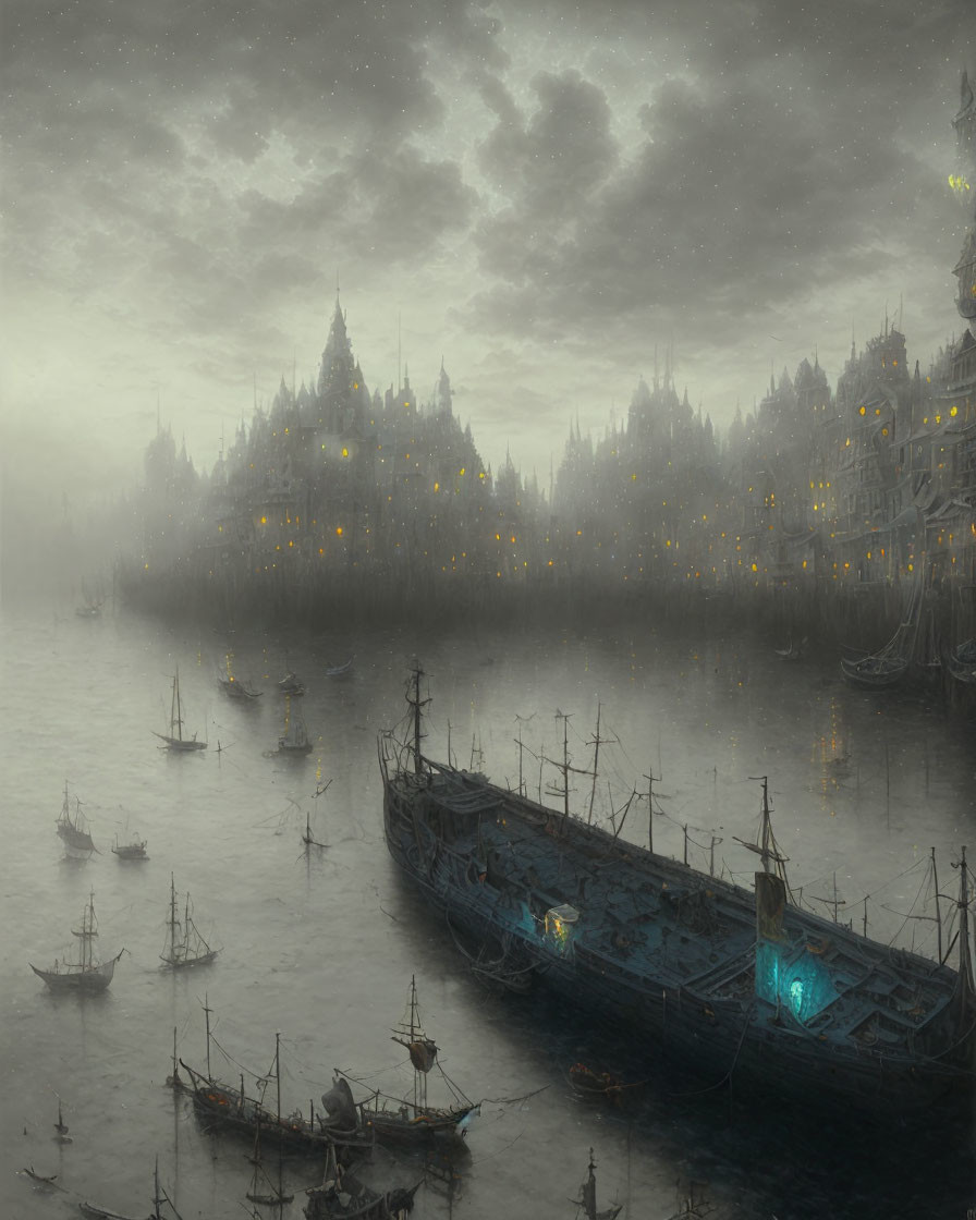 Misty seascape with old ships and illuminated gothic city