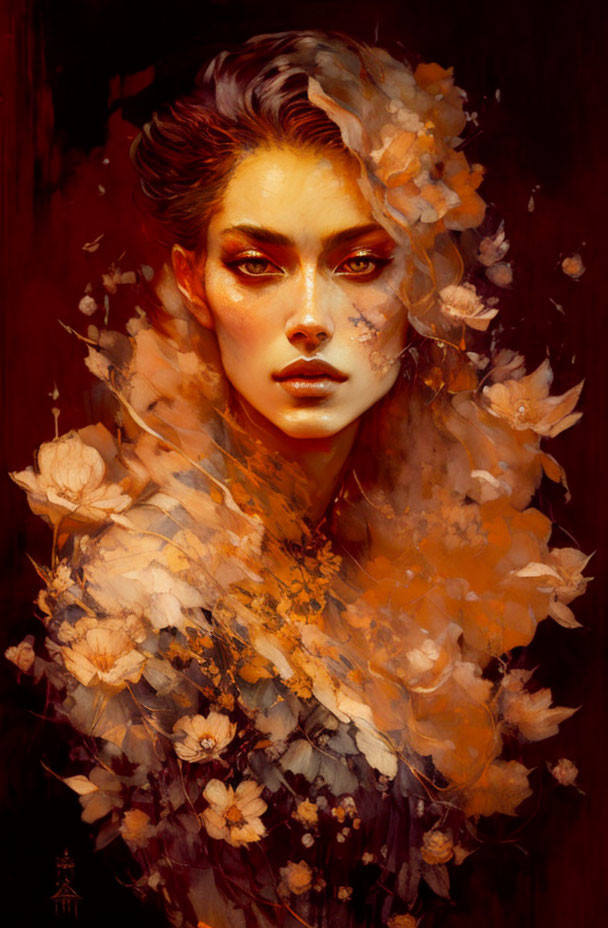 Vibrant floral portrait of a woman with striking features