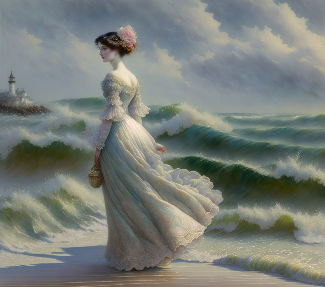 Woman in pastel dress gazes at sea with lighthouse and dramatic clouds