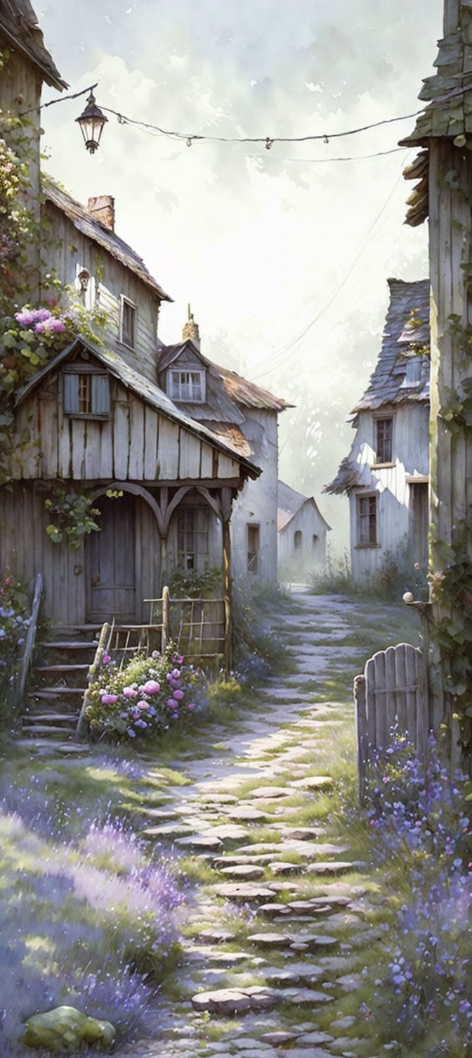 Serene village with cobblestone path, wooden houses, flowers, lanterns