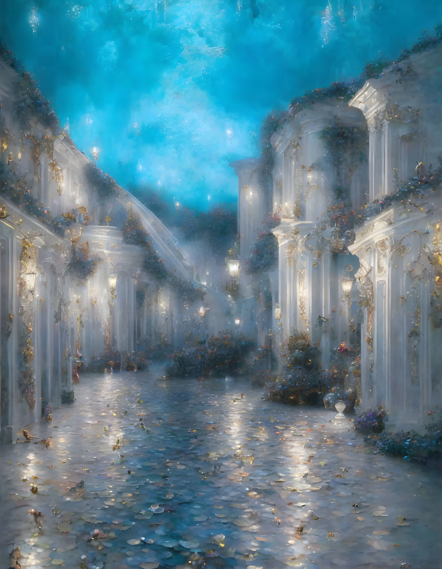 Ethereal corridor with classical architecture and shimmering lights