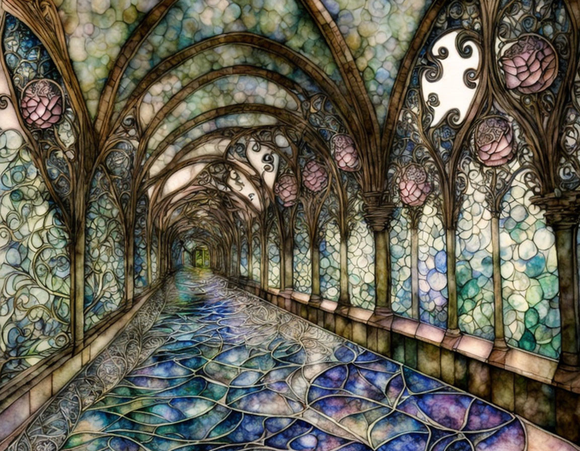 Stained Glass Corridor with Floral Motifs and Colorful Arches