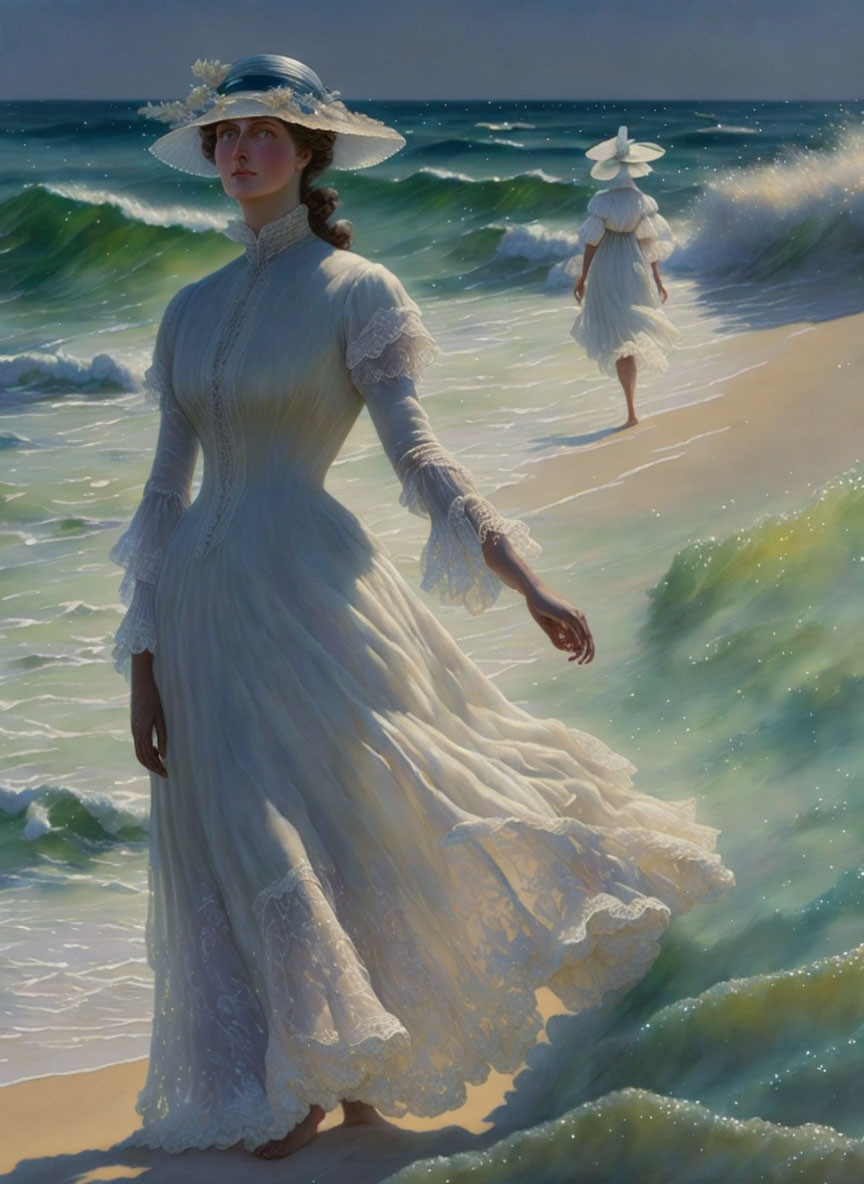 Vintage-dressed women walking on beach with waves in background