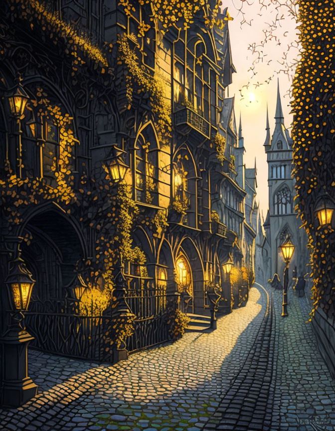 Gothic-style buildings on cobblestone street under twilight sky