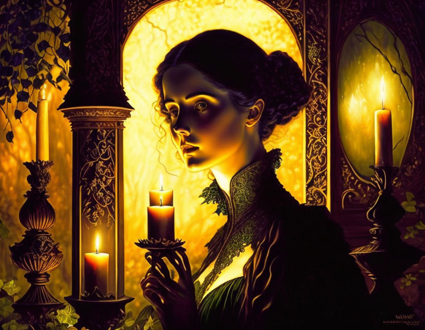 Illustrated woman in vintage dress with candles and golden glow.