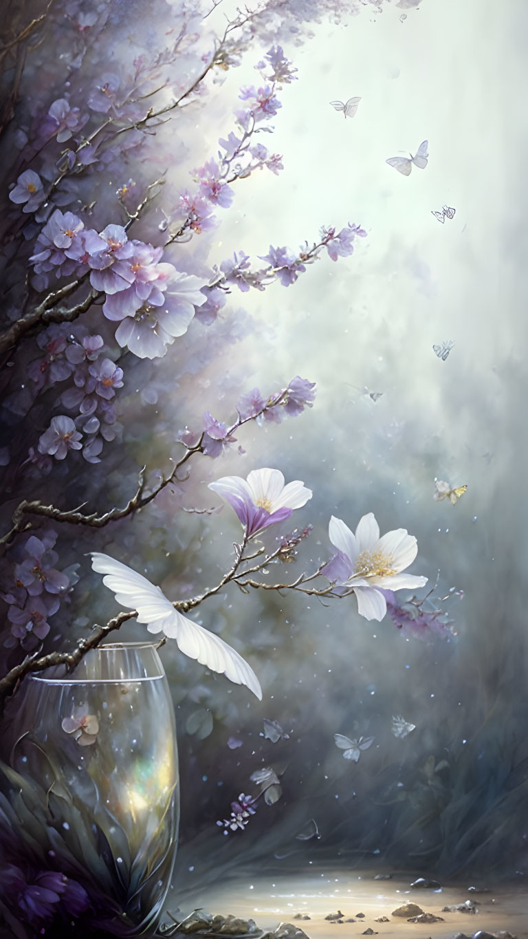 Tranquil pink cherry blossoms and butterflies in misty setting