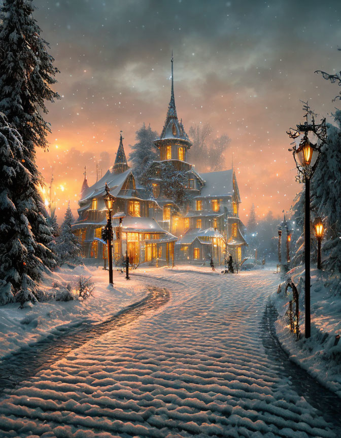 Snow-covered Victorian house with warm lights in twilight snowfall