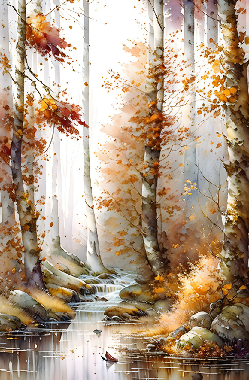 Tranquil Watercolor Autumn Forest Scene