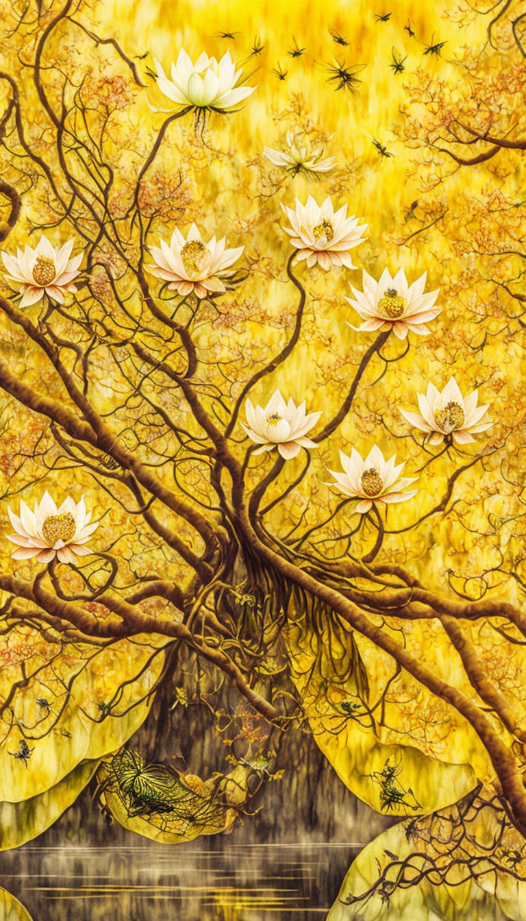 Tree with Lotus Flowers on Yellow Background Artwork