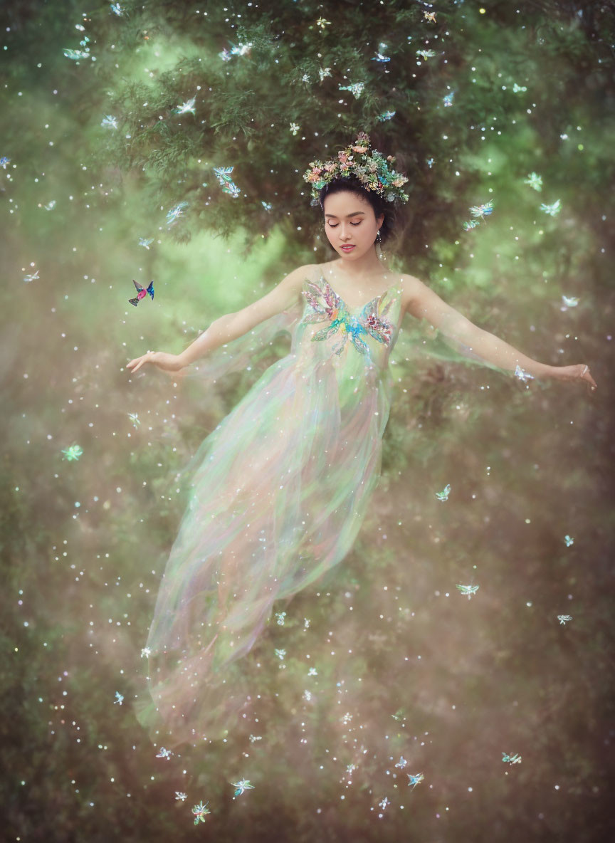 Portrait of a woman in sparkly dress with floral crown in mystical setting