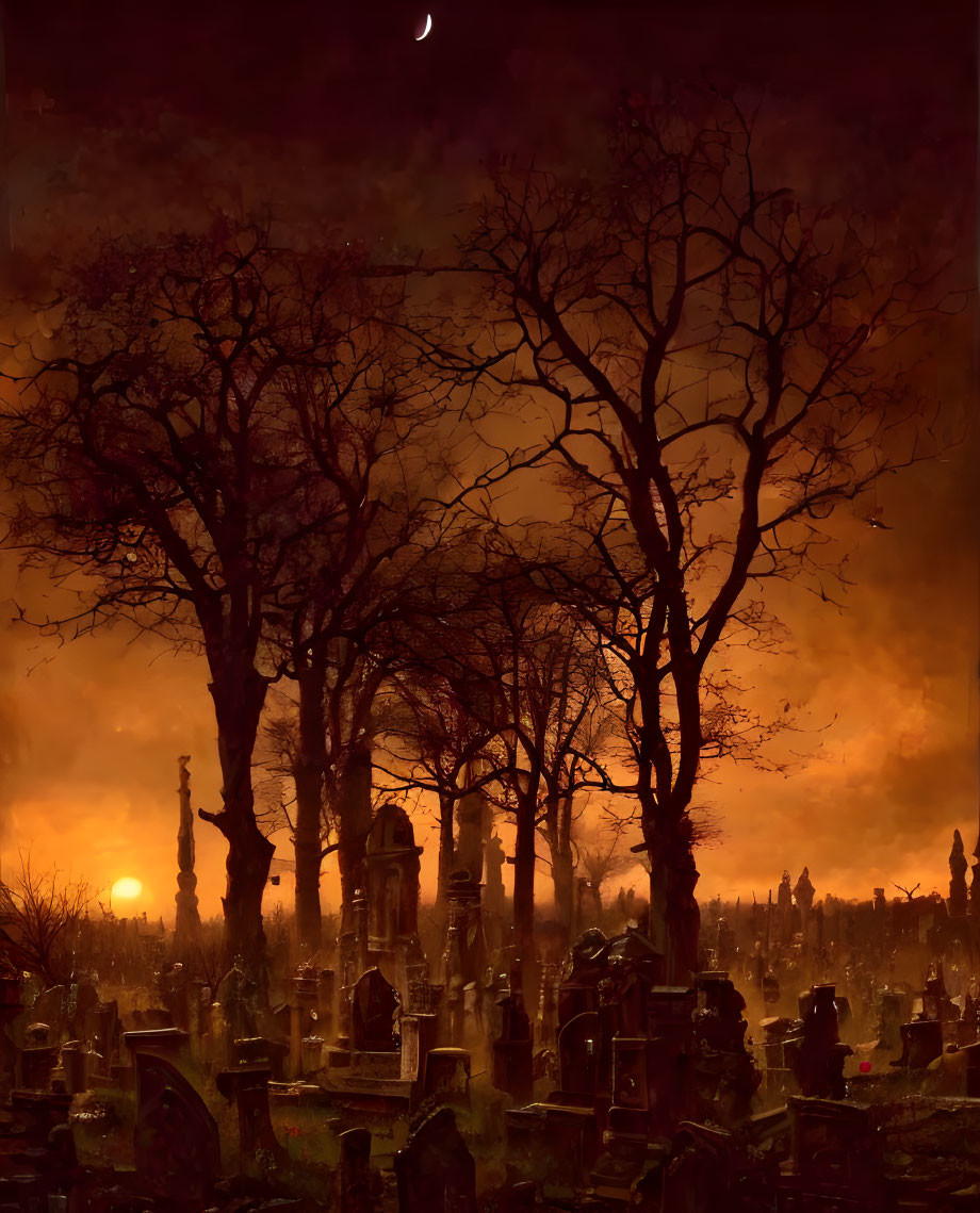 Moonlit fiery sky over dense eerie graveyard with gnarled trees