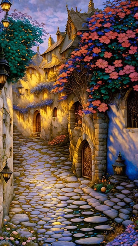 Twilight cobblestone alley with quaint houses and twinkling lights